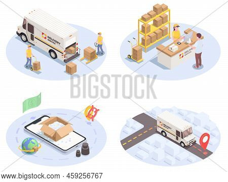 Delivery Logistics Shipment Set Of Four Isometric Images With Colourful Icons Pictograms Human Chara