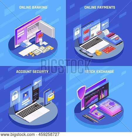 Internet Banking 4 Isometric Icons Square Concept With Account Security Online Payments Stock Exchan