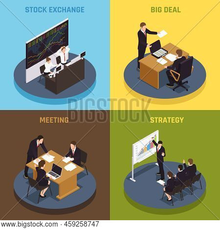 Investment Funding 4 Isometric Icons  Concept With Managers Meeting Big Deal Strategy Contracts Stoc