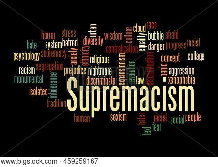 Word Cloud With Supremacism Concept, Isolated On A Black Background.