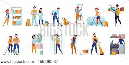 Cleaning Service Professional Duties Flat  Compositions 2 Horizontal Sets With Floor  Sweeping Vacuu