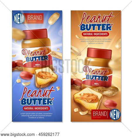 Set Of Two Vertical Realistic Peanut Banners With Jars Of Butter With Toast Bread And Text Vector Il