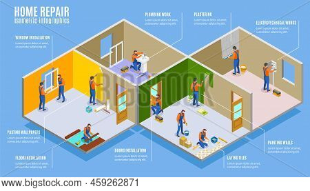Home Repair Isometric Infographics Illustrated Plumbing And Electrotechnical Works Laying Tiles Plas