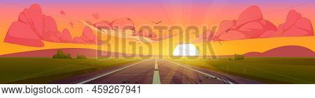 Road At Sunset Perspective View, Summer Nature Landscape With Sun Behind The Hills, Orange Sky With 