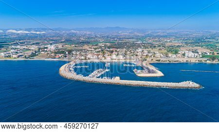 Aerial Bird's Eye View Of Zygi Fishing Village Port, Larnaca, Cyprus. The Fish Boats Moored In The H