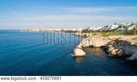 Aerial View Of Coastline And Landmark Love Bridge And Sea Caves, At Cavo Greco, Ayia Napa, Famagusta