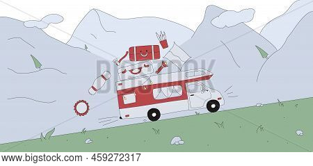 Flat Hand Drawn Set Of Illustrations With Stroke. Rv Trailer Rides Outdoors. Dymanic Composition Cam