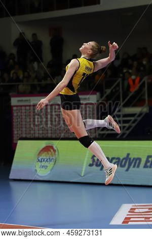 Istanbul, Turkey - March 13, 2022: Isabelle Haak Serves During Galatasaray Hdi Sigorta Vs Vakifbank 