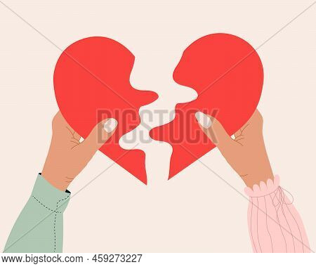 Man And Woman Insert Small Pieces Of Puzle Into Heart Shaped Puzzle. Concept Of Understanding. Young