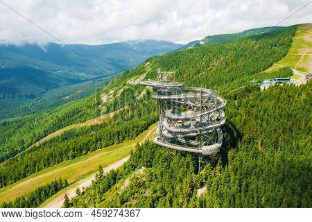 Sky Walk Observation Tower In The Forest Between Mountain Hills Near Sky Bridge 721 In A Sunny Summe
