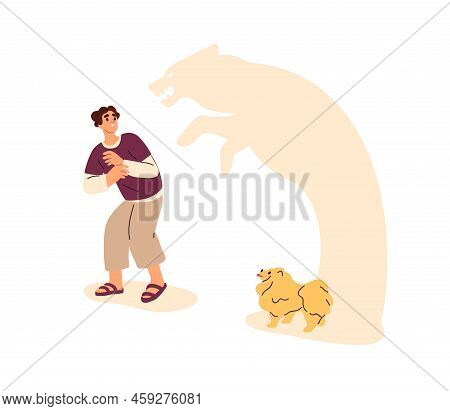 Person Afraid Of Small Dog, Puppy. Fear Of Canine Animals, Cynophobia Concept. Frightened Man With M