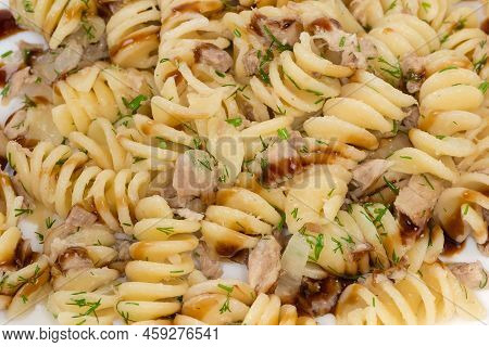 Prepared Spiral Pasta, Also Known As Fusilli Or Rotini Pasta Mixed With Stuffing Of Boiled Chopped P