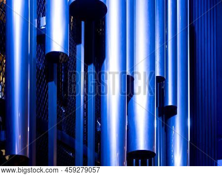Pipe Organ At Organ Hall Of A Philharmonic. Steel Tubes Of Pipe Organ In Contemporary Philharmonic H