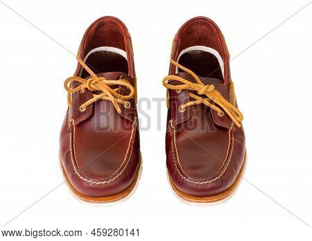 Boat Shoes Isolated On White Background. Leather Shoes. Mens Leather Shoes. Brown Leather Shoes. Top