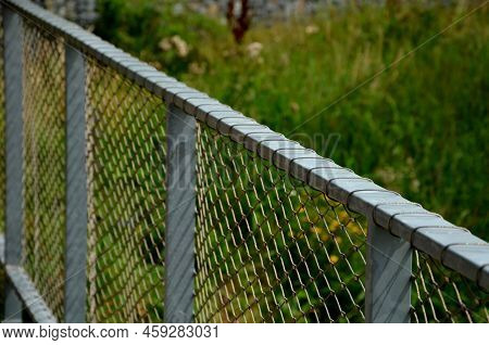 Terrace Fencing, Railings Of Metal Pipes Filled With Steel Cables Cable Mesh. Fencing Wire Stainless