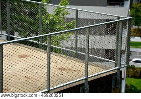 Terrace Fencing, Railings Of Metal Pipes Filled With Steel Cables Cable Mesh. Fencing Wire Stainless