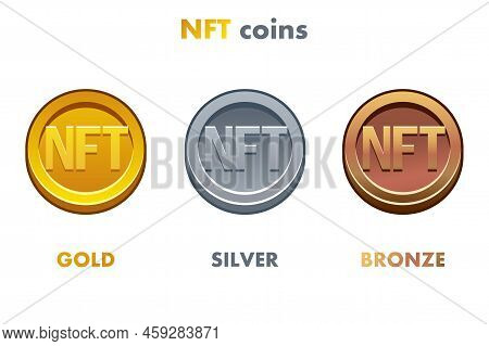 Nft Coins In Different Metals. Gold, Silver And Bronze Coins. Cryptocurrency, Nft-token Internet Cur