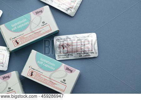 London, Uk - August 2022: Packs Of Isotretinoin Or Roaccutane Tablets Used To Treat Severe Acne