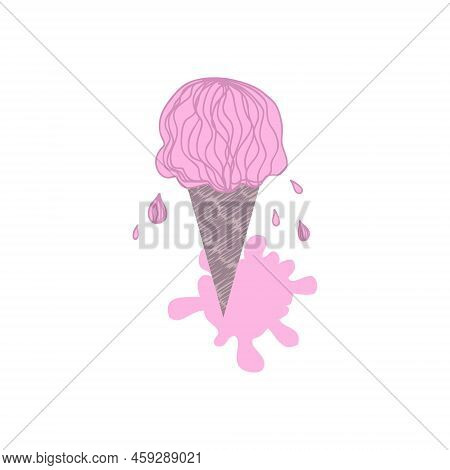 Doodle Dripping Ice Cream Strawberry Cone With Drops And Puddle. Perfect Print For T-shirt, Stickers