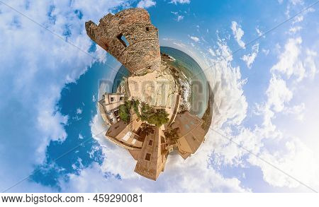 Aerial Panorama Tiny Planet Of The Tower Of Erbalunga Town City Harbor In Corsica Island Of France. 