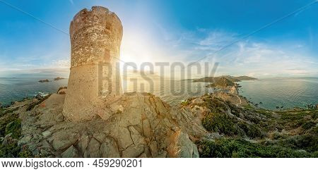 Ancient Genoese Parata Tower By The Mediterranean Sea In Corsica Island Of France. Aerial Sunset Vie