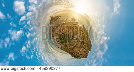 Tiny Planet Top View Of A Tourist Woman Hiker On Top In Punta Parata By The Sanguinaires Islands. Su