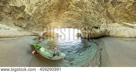 Aerial View Kayak In The Cliffs Inside The Cave Of Petit Sperone Beach, Close To The Bonifacio Town 