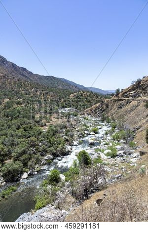 Scenic Landscape At Middle Fork Kaweah River At Entrance Of Sequoia Tree National Park Near Three Ri