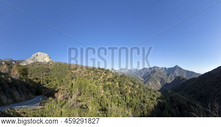 Driving Thru Sequoia Tree National Park With View To The Kaweah Valley And Mountains, Usa