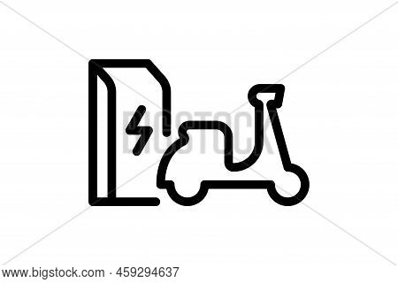 Electric Motorbike Charging In Charger Station Linear Icon. Electrical Moped Energy Charge Black Sym