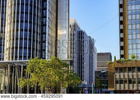 Modern Steel And Glass Skyscrapers In Madrids Financial District, Paseo De La Castellana.