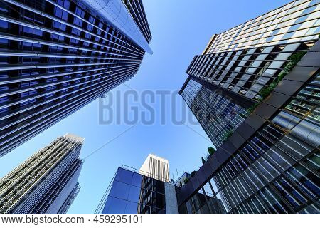 Steel And Glass Skyscraper Buildings In Madrids Financial District On A Sunny Day, Spain.