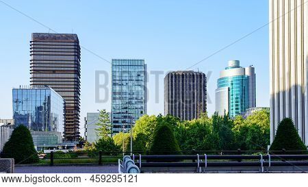 Modern Steel And Glass Buildings Lined Up On The Horizon In The Financial District Of The City Of Ma