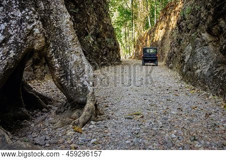 Tourist Suv Car Cruising Along A Rugged Route Through The Gorge That Was Once A Former Railway Line 