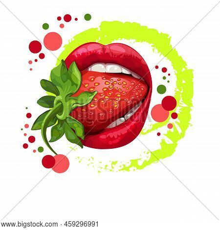 A Strawberry In The Mouth, Clenched In The Teeth. Print, Vector Illustration