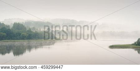 Serene Landscape In The Fog - The Shores Of Lake Otolovo In Belarus