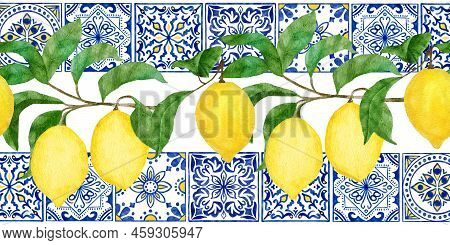 Hand Drawn Watercolor Seamless Border With Yellow Citrus Lemons, Blue White Portugese Azulejo Tiles.