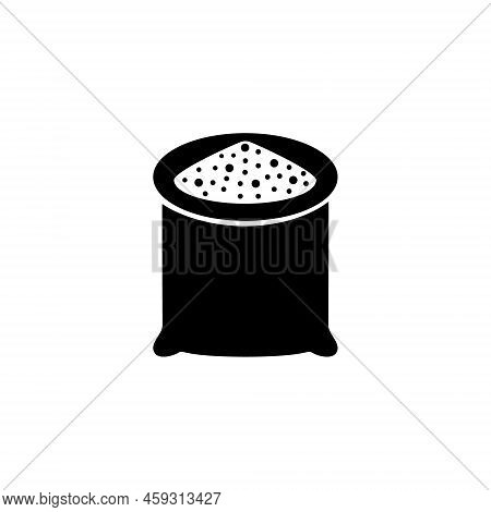 Open Sack With Pile Grain. Vector Black Glyph Icon Isolated On White Background.