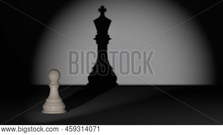 A Chess Pawn That Is Illuminated And Has The Shadow Of A Chess King Behind It, A Success Concept For