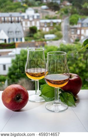 Tasting Of Strong Alcoholic Drink Calvados Made From Apples In Normandy, Calvados Region, France