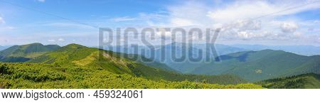Panoramic View In To The Chornohora Ridge Valley. Stunning Landscape Of Carpathian Mountains On A Br