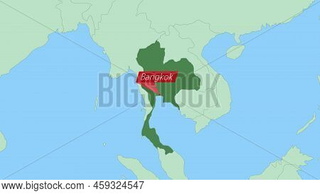 Map Of Thailand With Pin Of Country Capital. Thailand Map With Neighboring Countries In Green Color.