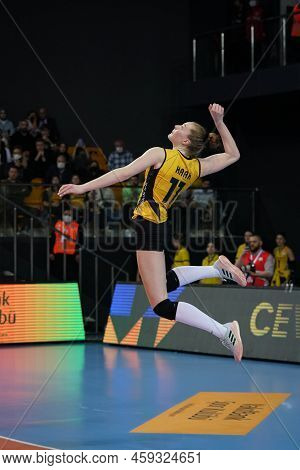 Istanbul, Turkey - March 31, 2022: Isabelle Haak Serves During Vakifbank Vs Fenerbahce Opet Cev Cham