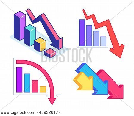 Fall Down Chart, Financial Crisis. Decreasing Arrow Showing Bankruptcy. Bad Economic Statistics With