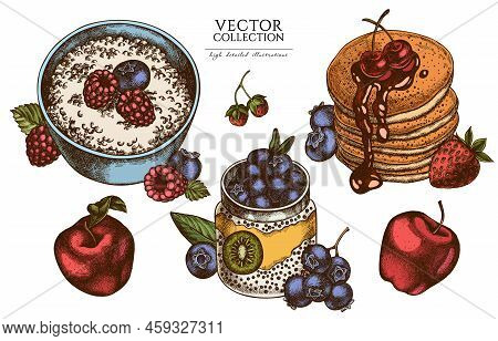Breakfast Vintage Illustrations Collection. Hand Drawn Logo Designs With Pancakes, Porridge With Ber