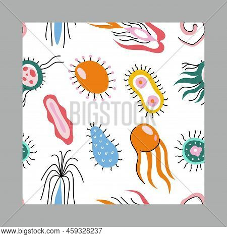 Colorful Medical Seamless Pattern With Cute Doodle Bacterias, Microbs And Dnk