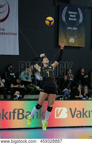 Istanbul, Turkey - March 20, 2022: Buket Gulubay Serves During Vakifbank Vs Ptt Turkish Sultans Leag