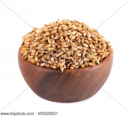Utsho Suneli Seeds In Wooden Bowl, Isolated On White Background. Trigonella Caerulea Or Blue Fenugre