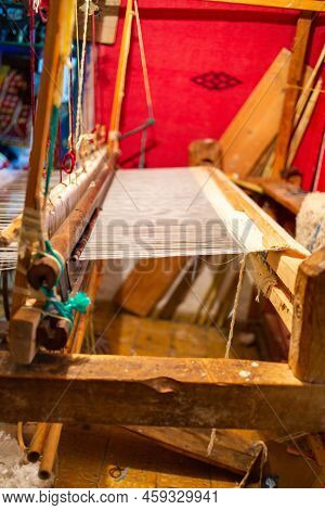 Chefchaouen, Morocco - 18 January 2022 : Traditional Moroccan Berber Loom In A Coton Shop