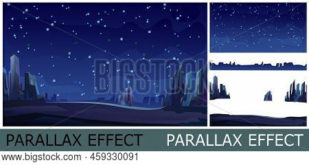 Rocks Cliffs Landscape. Unexplored Planets. Image From Layers For Overlay With Parallax Effect. Star